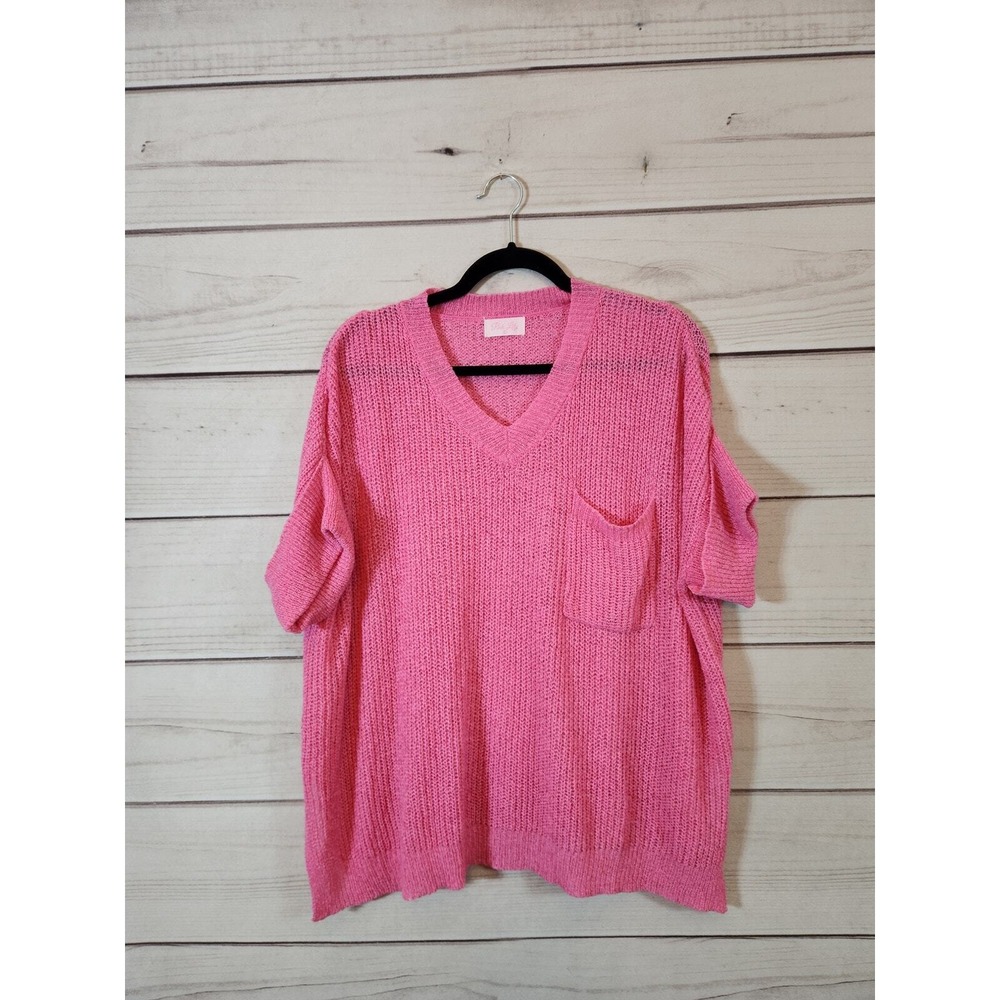 Pink Lily Womens Small Pink Sweater V-Neck Short‎ Sleeve Open Knit Pocket